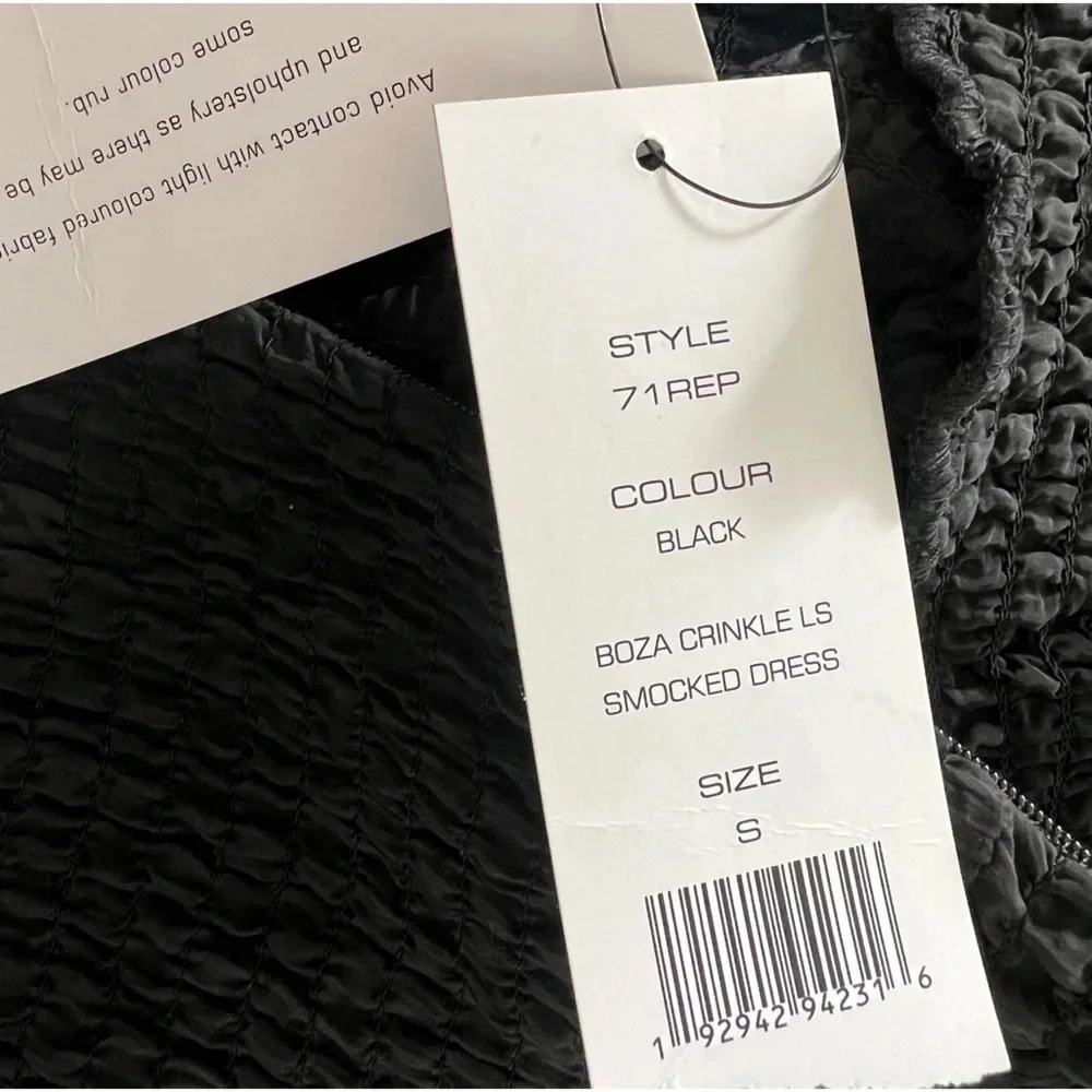 French Connection black boza crinkle dress long sleeve mock neck smocked CBK - Picture 8 of 10
